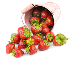 Ripe appetizing strawberries in a bucket isolated on a white. There is free space for text.
