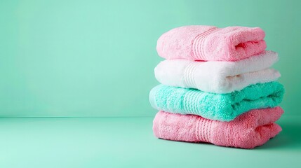 A stack of towels on a green background.