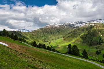 Fototapeta premium Mountains and ski resorts viewed from Penken Mountain in Mayrhofen in Austria, Europe