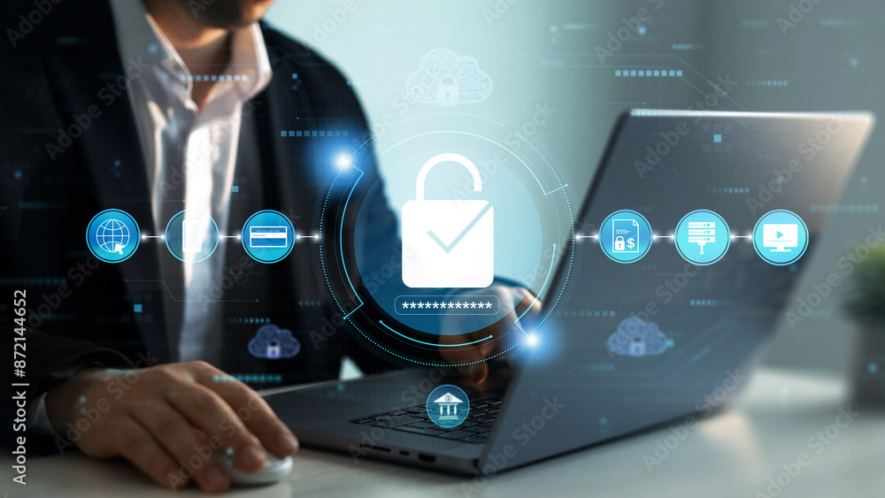 Poster protecting herself from cyber attacks and personal data.portection data access.businessman protectin