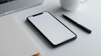 An iPhone mockup with white screen on a plain white table, next to a single black pen