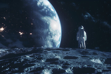 Astronaut in outer space, astronaut walking in space on the surface of the Moon observing planet Earth from space 3d rendering