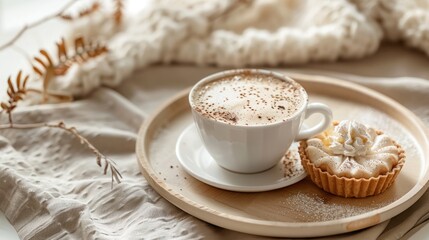 Cappuccino in cup and sweet dessert on the tray, Boho Chic Style Decor