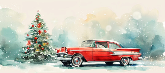 watercolor illustration of red vintage car and christmas tree, banner, greeting card