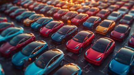 Fototapeta premium Rows of Electric Cars Parked in a Lot at Sunset