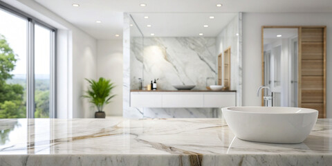 White bathroom interior. Empty marble table top for product display with blurred bathroom interior background. digital ai art