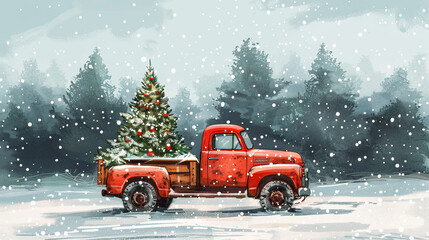 illustration of red christmas truck and christmas tree, greeting card