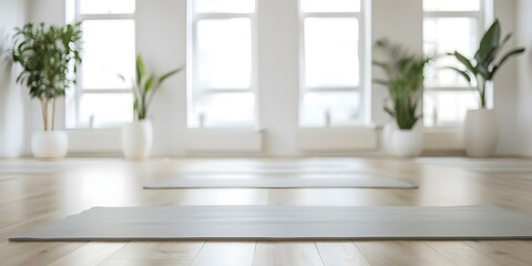 Fototapeta premium Serene yoga studio set up for class with mats and props. Concept Yoga Studio Setup, Serene Environment, Meditation Space, Wellness Equipment, Relaxation Ambiance