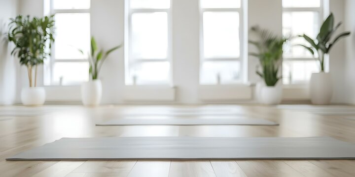 Serene yoga studio set up for class with mats and props. Concept Yoga Studio Setup, Serene Environment, Meditation Space, Wellness Equipment, Relaxation Ambiance