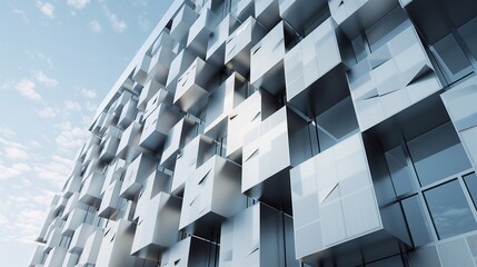 Modern building with a unique facade, The building is made up of many cube-shaped modules, each with its own window, The modules are arranged in a seemingly random pattern. 