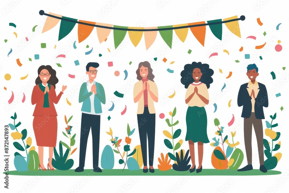 Poster a group of diverse business people clapping and celebrating together, white background with simple d