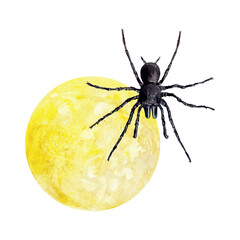 Spider and moon, watercolor. Hand drawn vector illustration. For Day of the Dead and Halloween greeting cards, invitations, large holiday banners, posters, covers, flyers.