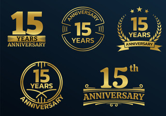 15 years icon or logo set. 15th anniversary celebrating golden sign or stamp. Jubilee, birthday celebration design element. Vector illustration.