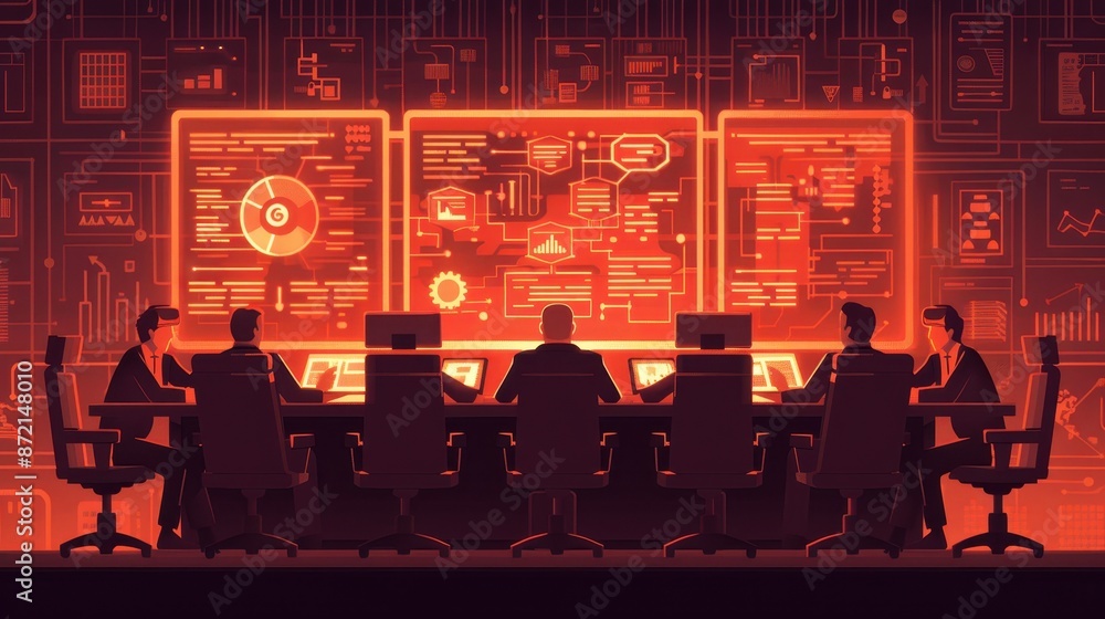 Poster Team of professionals analyzing data on multiple screens in a high-tech control room with futuristic interface and red lighting.