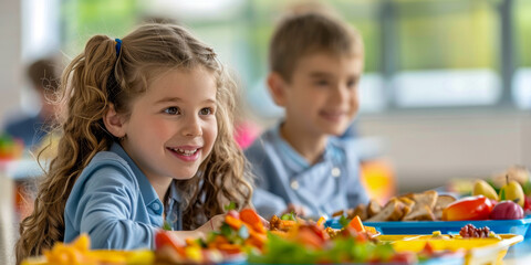 Happy Children Enjoying Healthy Lunch in School Cafeteria
