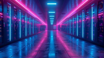 Fototapeta premium Futuristic Data Center with Neon Lights - Generative AI