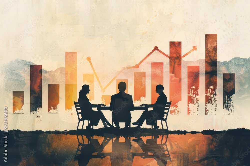 Poster Silhouetted business team discussing data with abstract financial graphs in the background, symbolizing strategy and analytics.