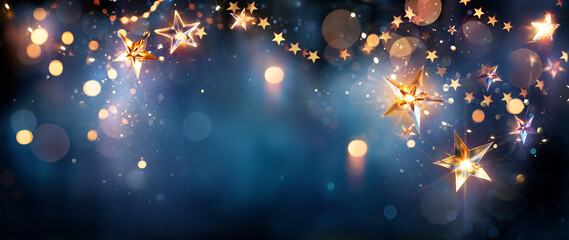 Christmas Star Stringh Lights In Eve Night With Abstract Defocused Bokeh - Real Acrylic