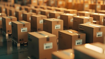 Rows of cardboard boxes with barcode labels in a warehouse setting, symbolizing logistics, shipping, storage, and inventory management.