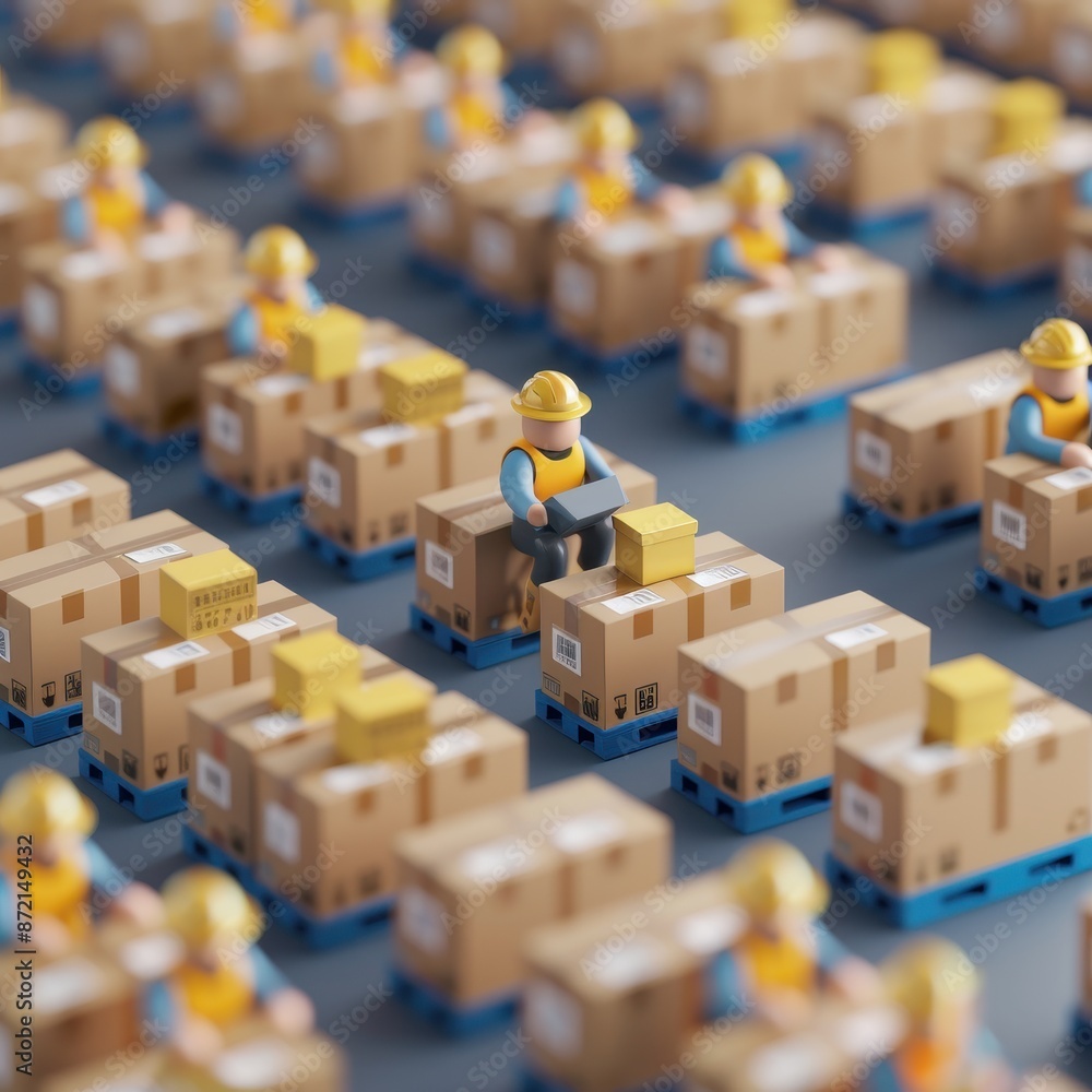 Poster miniature workers in yellow helmets managing cardboard boxes and pallets in a warehouse, symbolizing