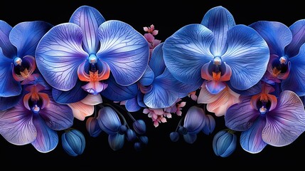   Group of blue and purple flowers on black background with reflection on left side of frame