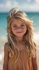  a little girl 5 years,  beach, she wearing a summer dress ,  bright smile and long blond hair.