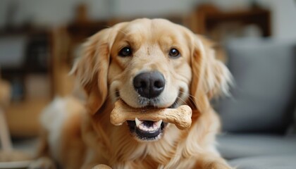  Cute Golden Retriever dog holding chew bone in mouth indoors 