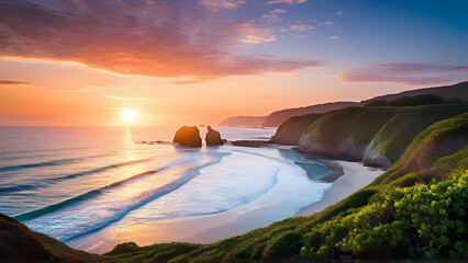 Sunrise over the morning sea paints the sky in shades of pink and gold, reflecting on the calm waves, promising a day filled with beauty and peace