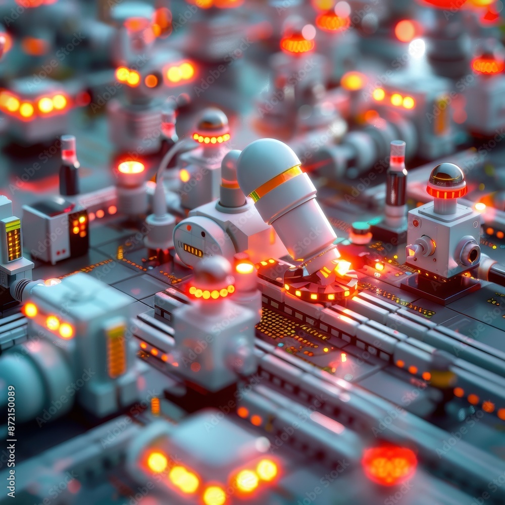 Poster Futuristic scene with miniature robots working in an automated factory, glowing lights, detailed technology, and precise robotic movements.