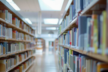 Bright Modern Library Aisle with Rows of Colorful Books on Shelves