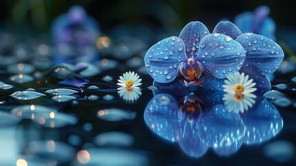   A zoom-in of a floral bloom on the surface of a water body surrounded by droplets cascading from the petals