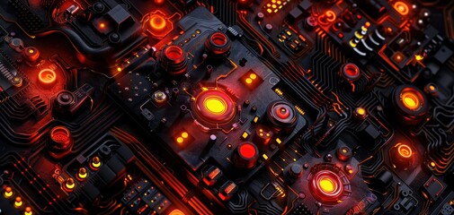 Futuristic microchip with glowing red LEDs integrated in highly detailed circuit board, representing advanced technology and innovation.