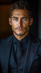 Fototapeta premium a male dressed in a black suit, black shirt and tie, black background
