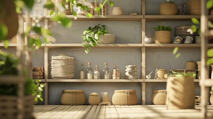 Cozy rustic shelves filled with kitchen items and plants, bathed in warm sunlight, perfect for creating an inviting and homely atmosphere.