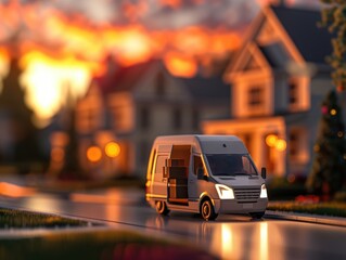 Fototapeta premium Delivery van parked in a suburban neighborhood at sunset, showcasing residential delivery services and serene evening scenery.