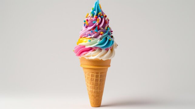 An ice cream cone with colorful toppings, isolated on a white background