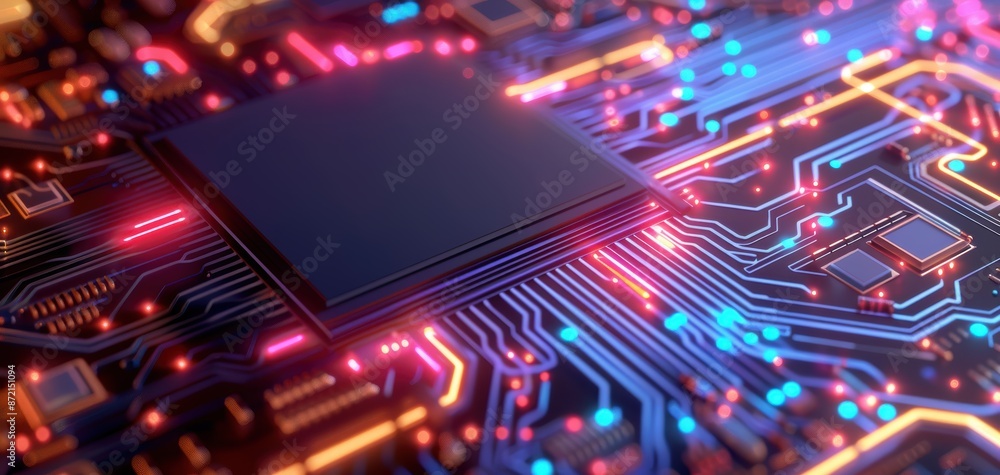 Poster close-up of a colorful, illuminated circuit board and microchip, showcasing modern technology and el