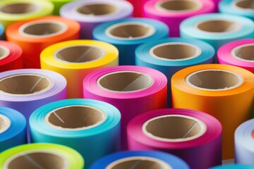 Colorful rolls of adhesive tape arranged closely together in a neat pattern, showcasing a variety of vibrant hues and shades.