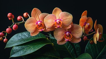   A photo of a flower cluster on a green leaf plant against a black backdrop features red blossoms