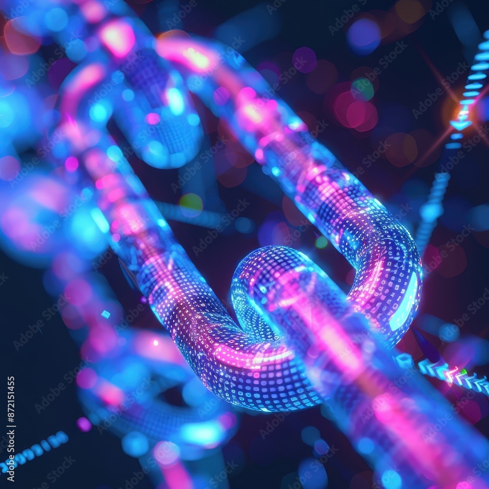 Leinwandbilder close-up of a glowing, neon digital blockchain link with vibrant colors and bokeh effect, symbolizin