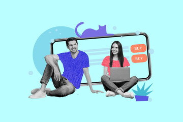 Composite collage picture image of two funny young people telephone ecommerce eshop concept fantasy billboard comics zine minimal