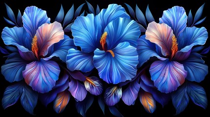   Blue and pink flowers on a dark background with foliage surrounding them