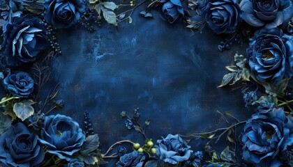 Dark blue roses and green leaves on a textured blue background, greeting cards or invitations border floral