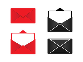 Mail envelope is red and black icon set. Email mockup open and closed with white blank paper. Vector illustration on a white background. EPS 10.
