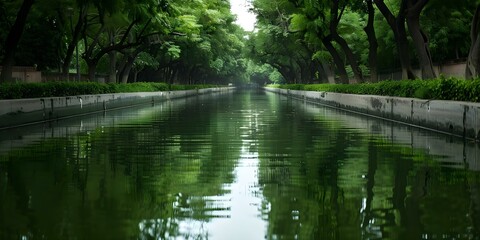 Fototapeta premium Tranquil Lahore Canal with tree-lined banks A popular escape for leisurely walks from city hustle. Concept Nature Views, City Escapes, Outdoor Activities, Scenic Walks, Local Attractions