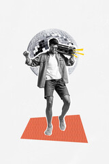 Vertical photo collage of happy hipster guy hold retro boombox disco ball party occasion relax...