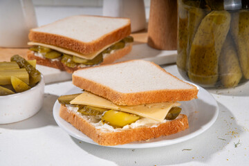 Pickle and Cream dill Cheese Sandwich, toast bread tasty sandwich pickled sandwich with pickles cucumbers, dill, cheese and mayo, ready for eat or grill