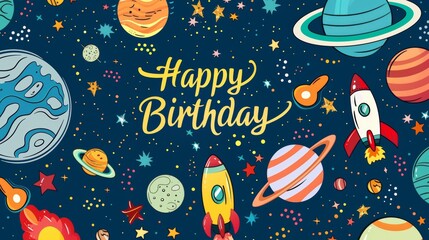 Vibrant Space-Themed Happy Birthday Background with Planets, Stars, and Rockets - Ideal for Cards and Posters