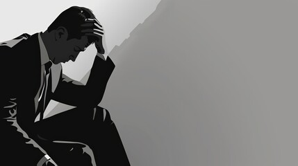 Black and white graphic image of a sad young businessman sitting with head bowed - World Suicide Prevention Day.