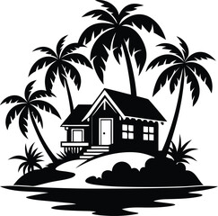 Tropical island and beach house silhouette  black and white